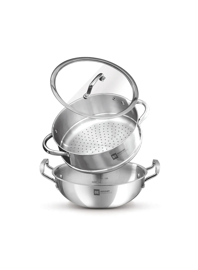 بيرجنر Bergner Essentials Tri-Ply Stainless Steel 3pcs Cookware Set – 24cm (3.2L) Deep Frying Pan with Steamer Pot & Glass Lid – Multipurpose Stainless Steel Wok Set for Gas & Induction, Healthy Cooking Set